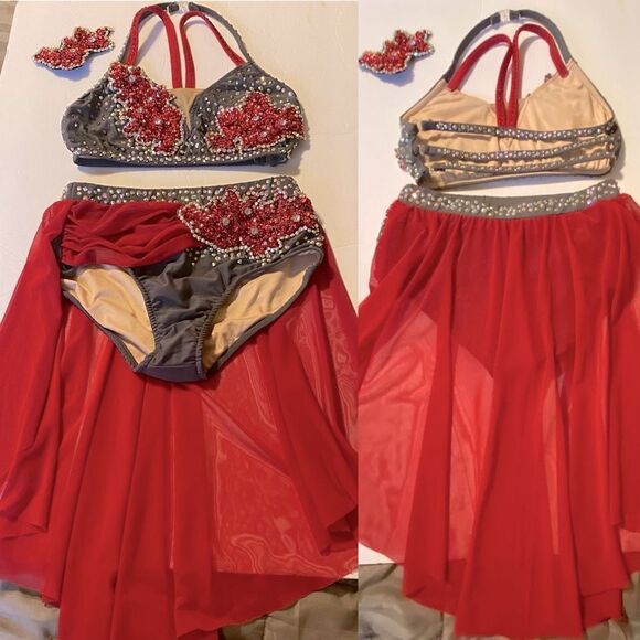 Glamour solo 2 piece dance costume red gray lyrical embellished bling XLC child - Picture 3 of 14